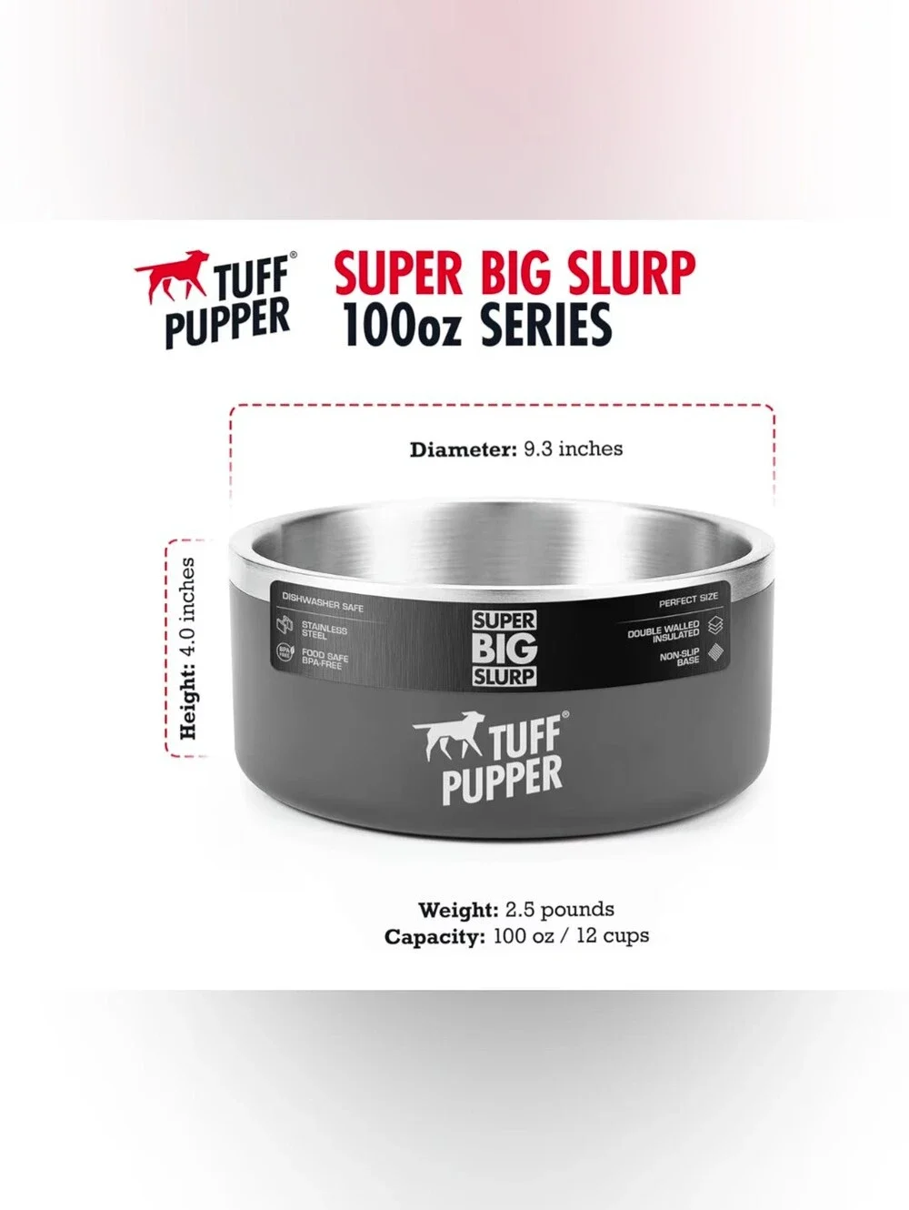 Tuff Pupper 100 oz Heavy Duty Insulated Stainless Steel Dog Bowl